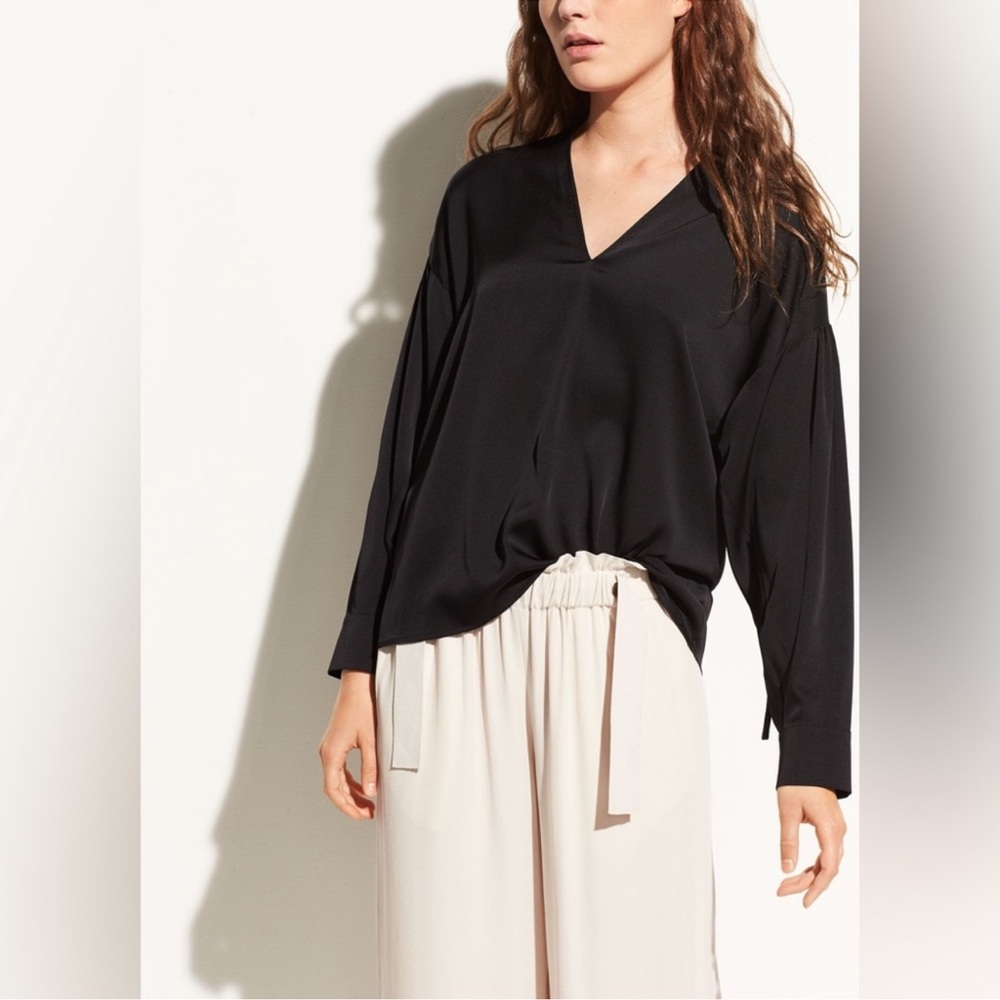 VINCE Ruched Split-Neck Stretch-Silk Blouse